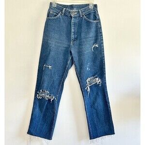VTG 80s Lee Riders High Waisted Denim Jeans Dark Wash Distressed Frayed Hem 11 L